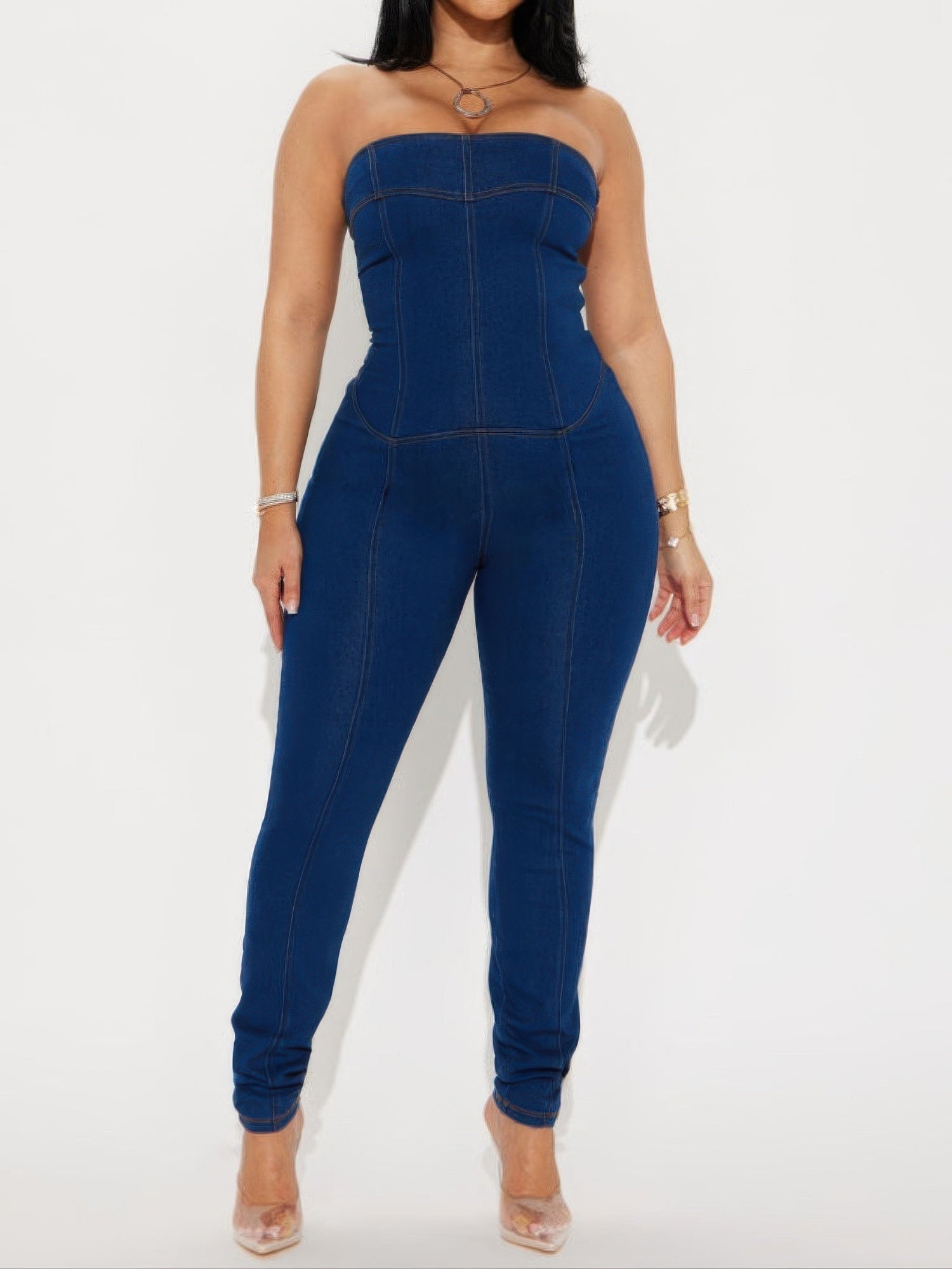Strapless Denim Jumpsuit With Lace Up Back - Flip Flop Dynasty