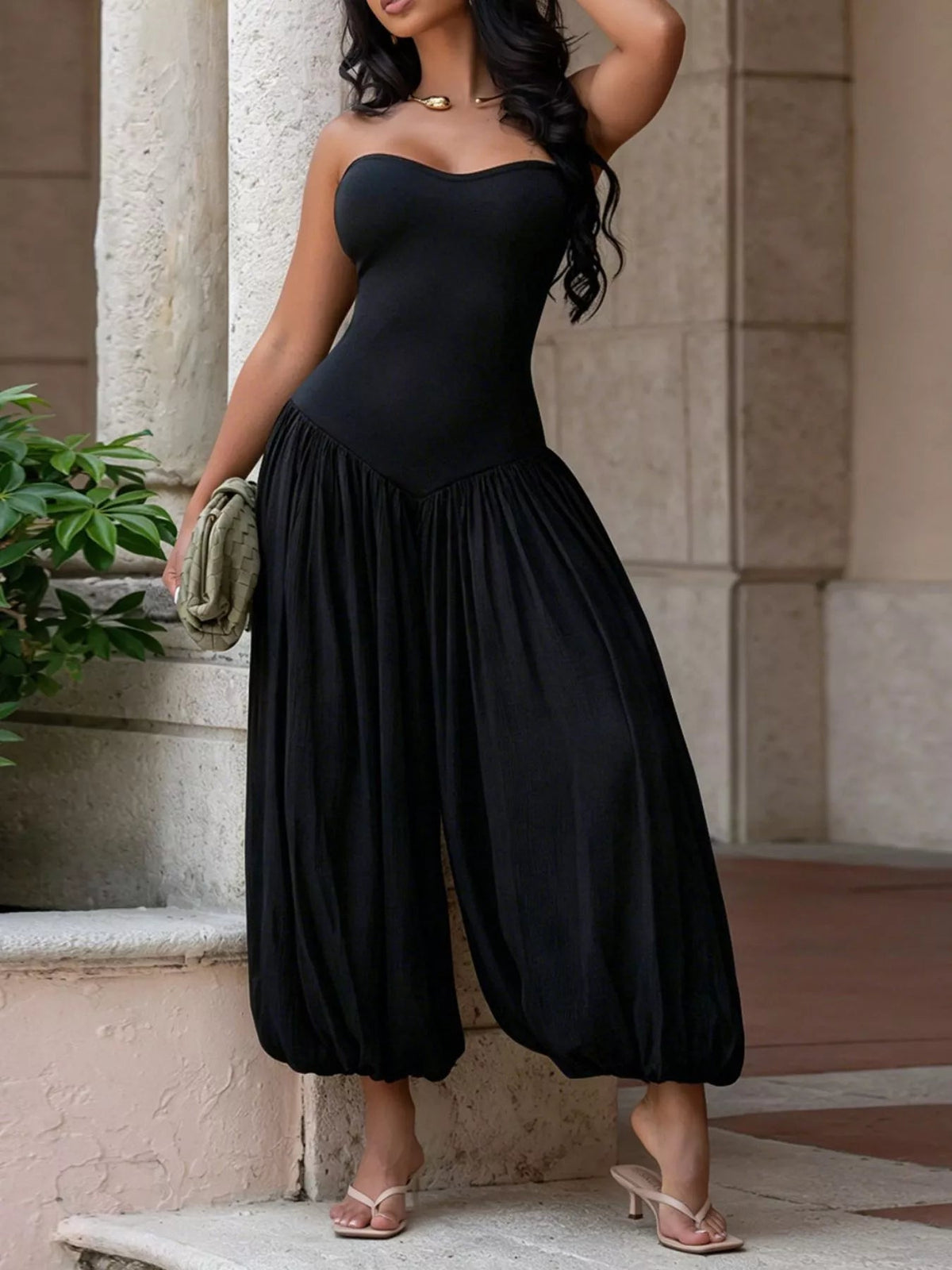 Strapless Ruched Wide-Leg Jumpsuit - Flip Flop Dynasty