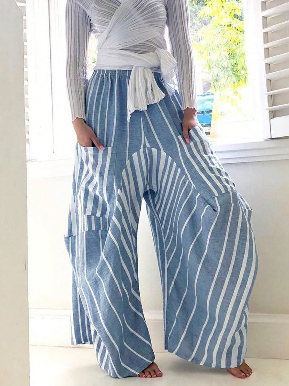Striped Elastic Waist Wide Leg Pants - Flip Flop Dynasty