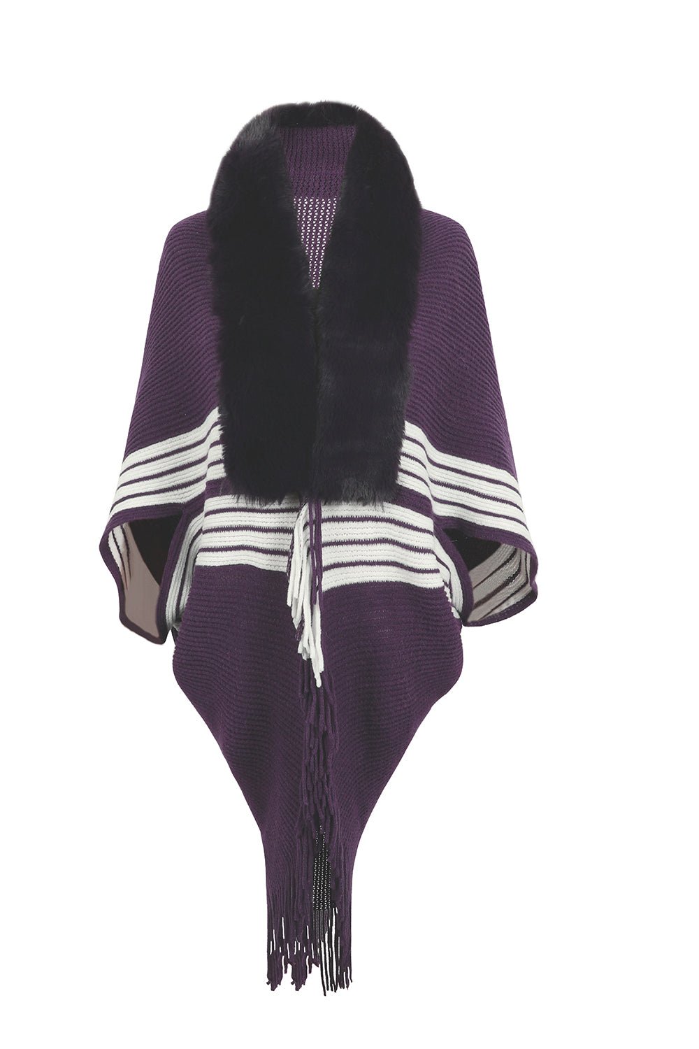 Striped Fringe Detail Long Sleeve Poncho - Flip Flop Dynasty