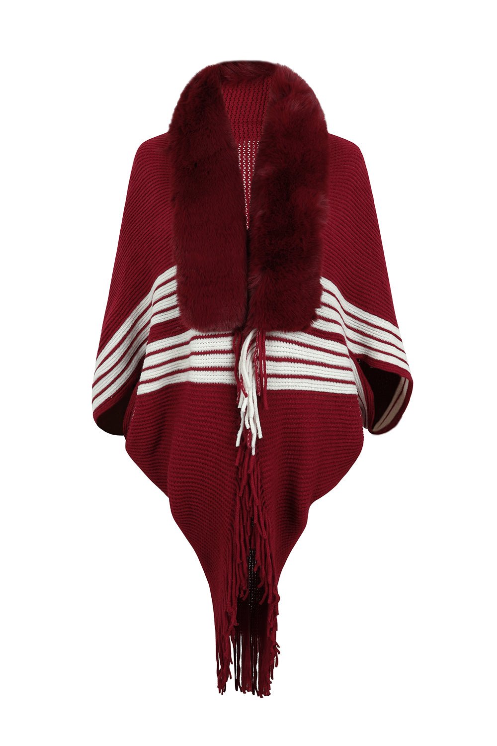 Striped Fringe Detail Long Sleeve Poncho - Flip Flop Dynasty