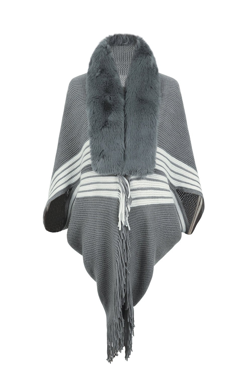 Striped Fringe Detail Long Sleeve Poncho - Flip Flop Dynasty