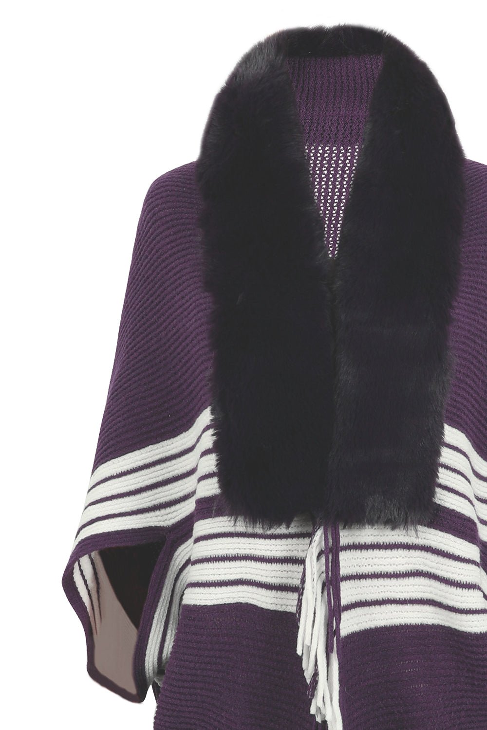 Striped Fringe Detail Long Sleeve Poncho - Flip Flop Dynasty
