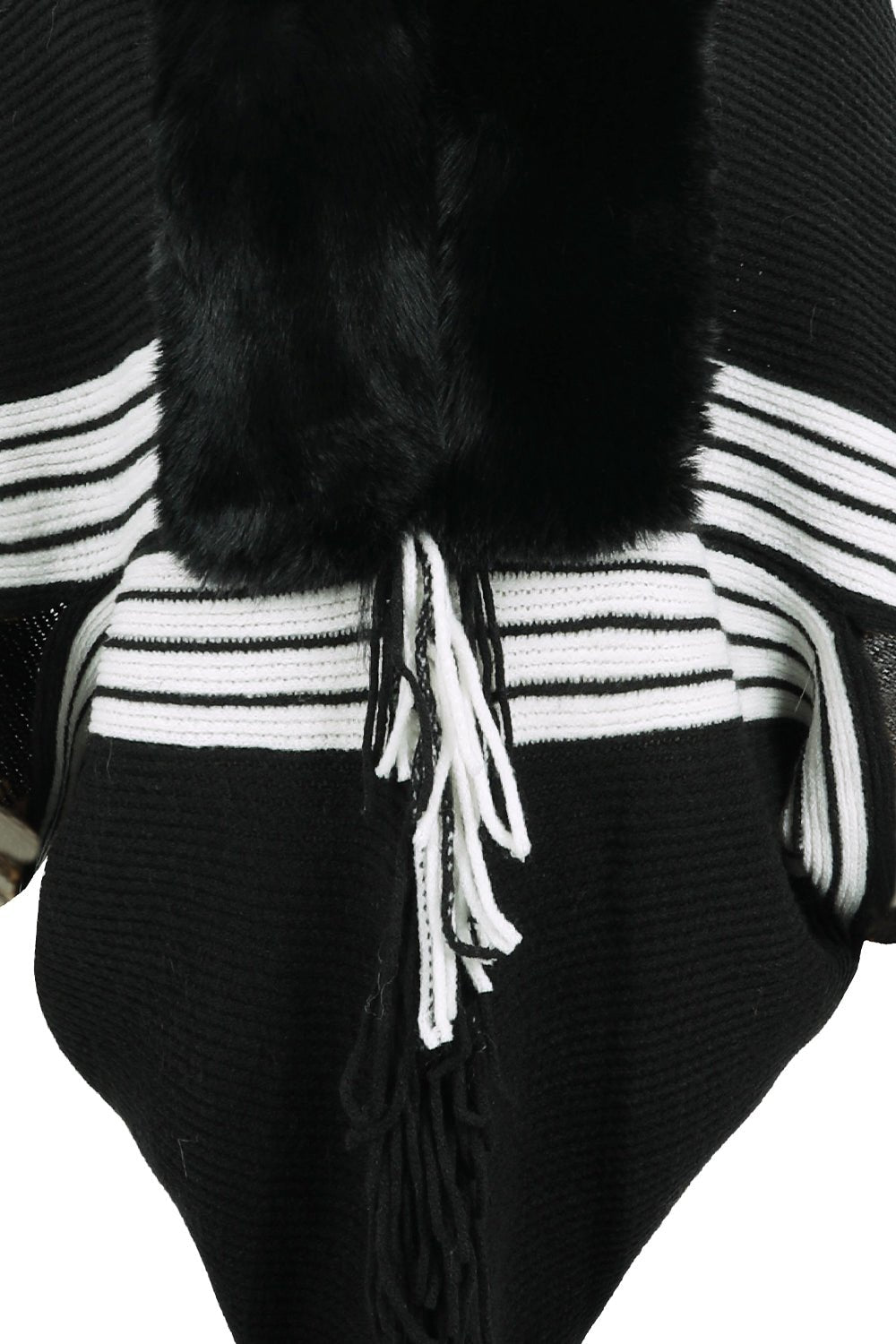 Striped Fringe Detail Long Sleeve Poncho - Flip Flop Dynasty