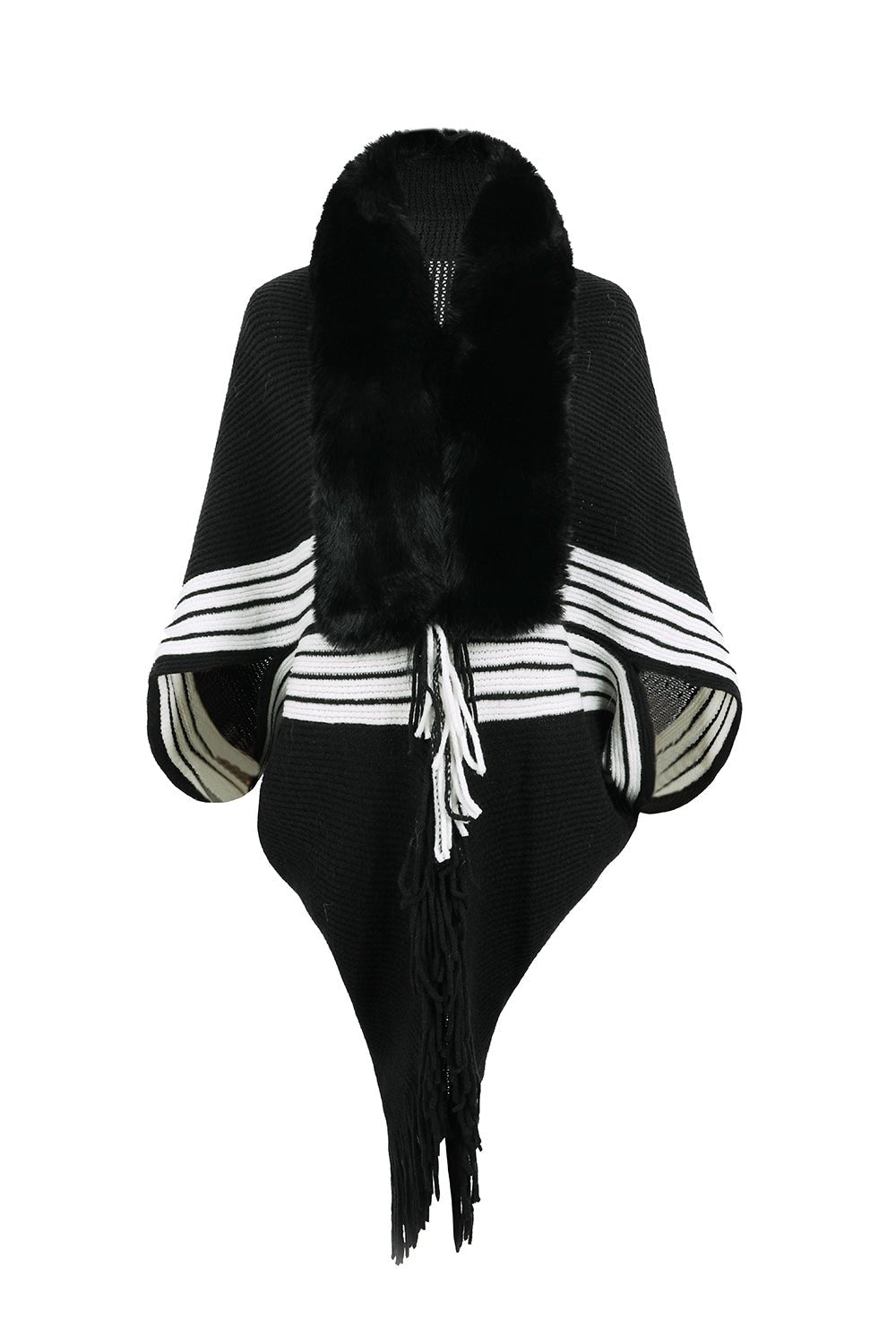 Striped Fringe Detail Long Sleeve Poncho - Flip Flop Dynasty