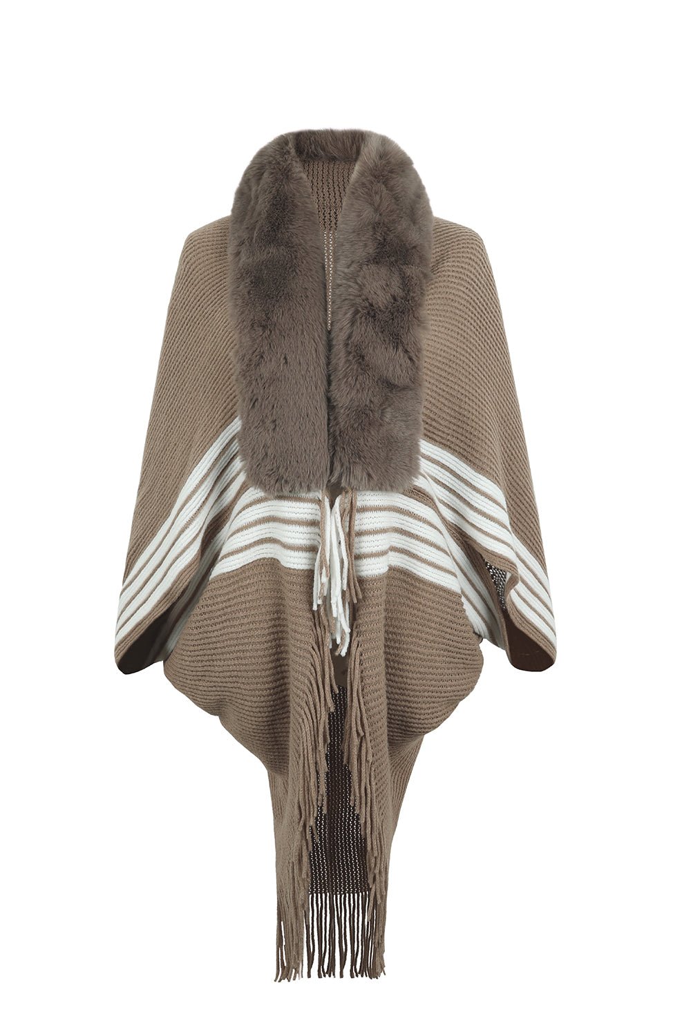 Striped Fringe Detail Long Sleeve Poncho - Flip Flop Dynasty