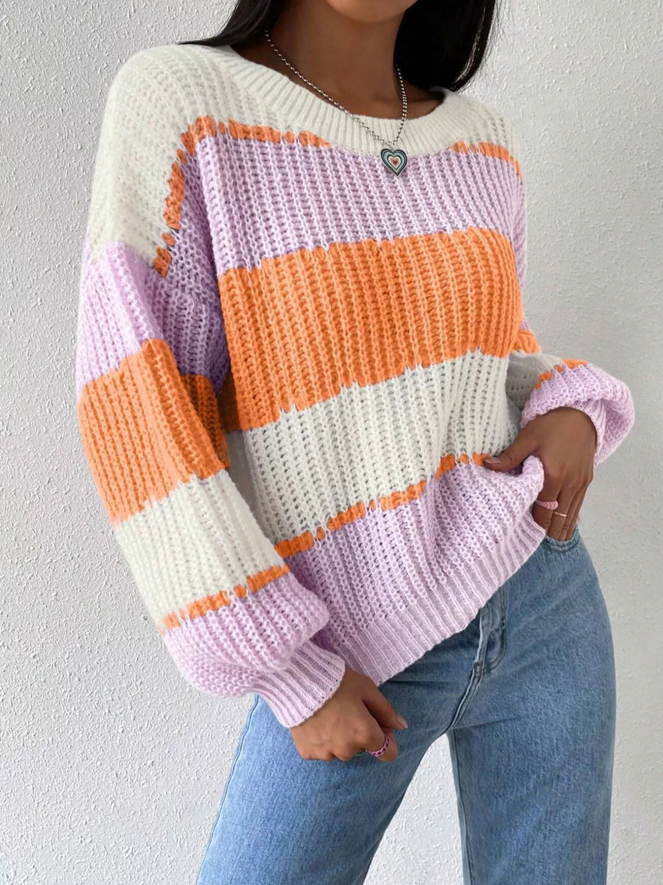Striped Knit Round Neck Sweater - Flip Flop Dynasty