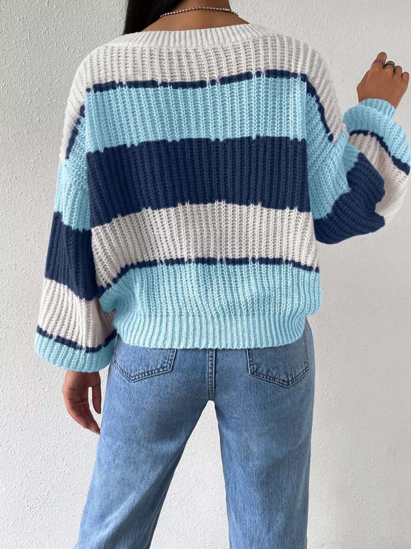 Striped Knit Round Neck Sweater - Flip Flop Dynasty