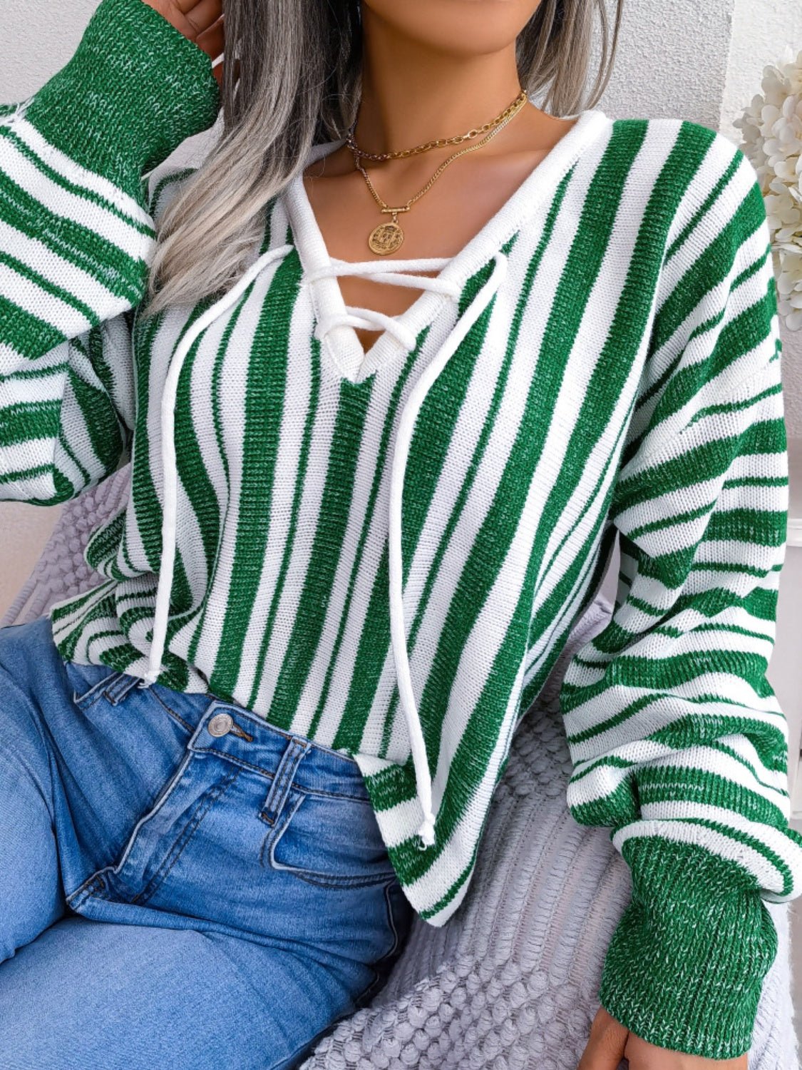 Striped Lace - Up Long Sleeve Sweater - Flip Flop Dynasty