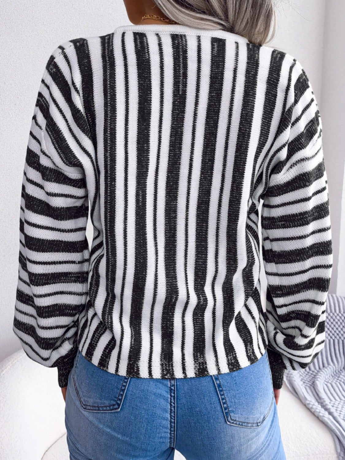 Striped Lace - Up Long Sleeve Sweater - Flip Flop Dynasty