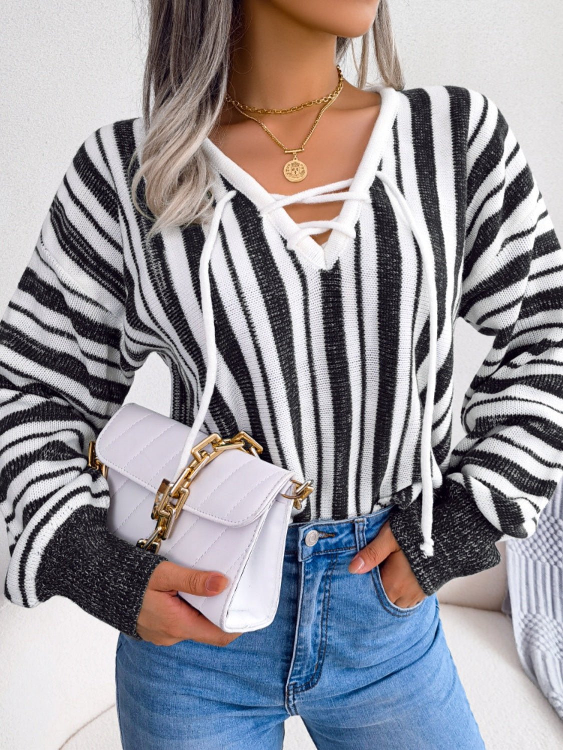 Striped Lace - Up Long Sleeve Sweater - Flip Flop Dynasty