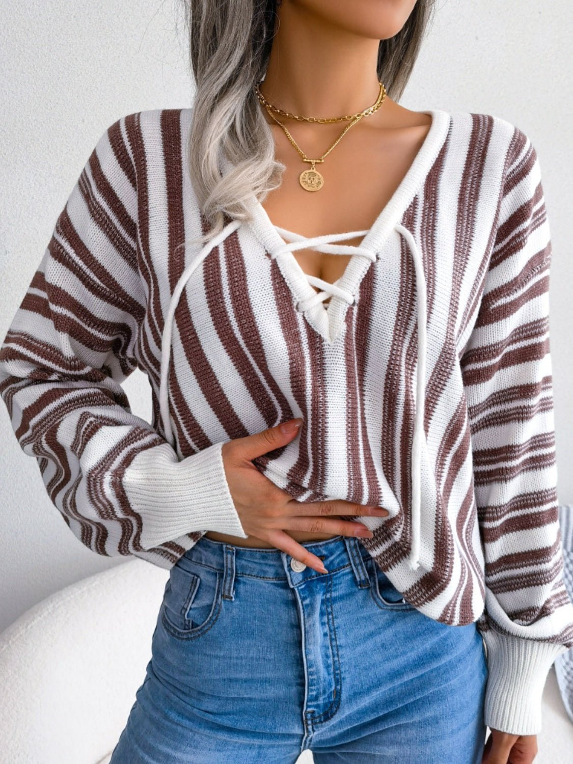 Striped Lace - Up Long Sleeve Sweater - Flip Flop Dynasty