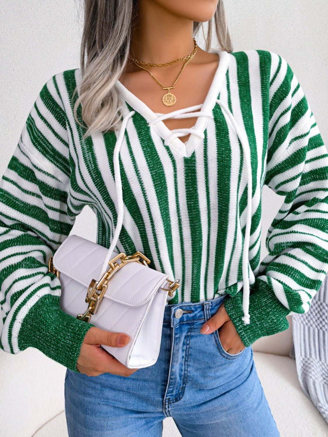 Striped Lace - Up Long Sleeve Sweater - Flip Flop Dynasty