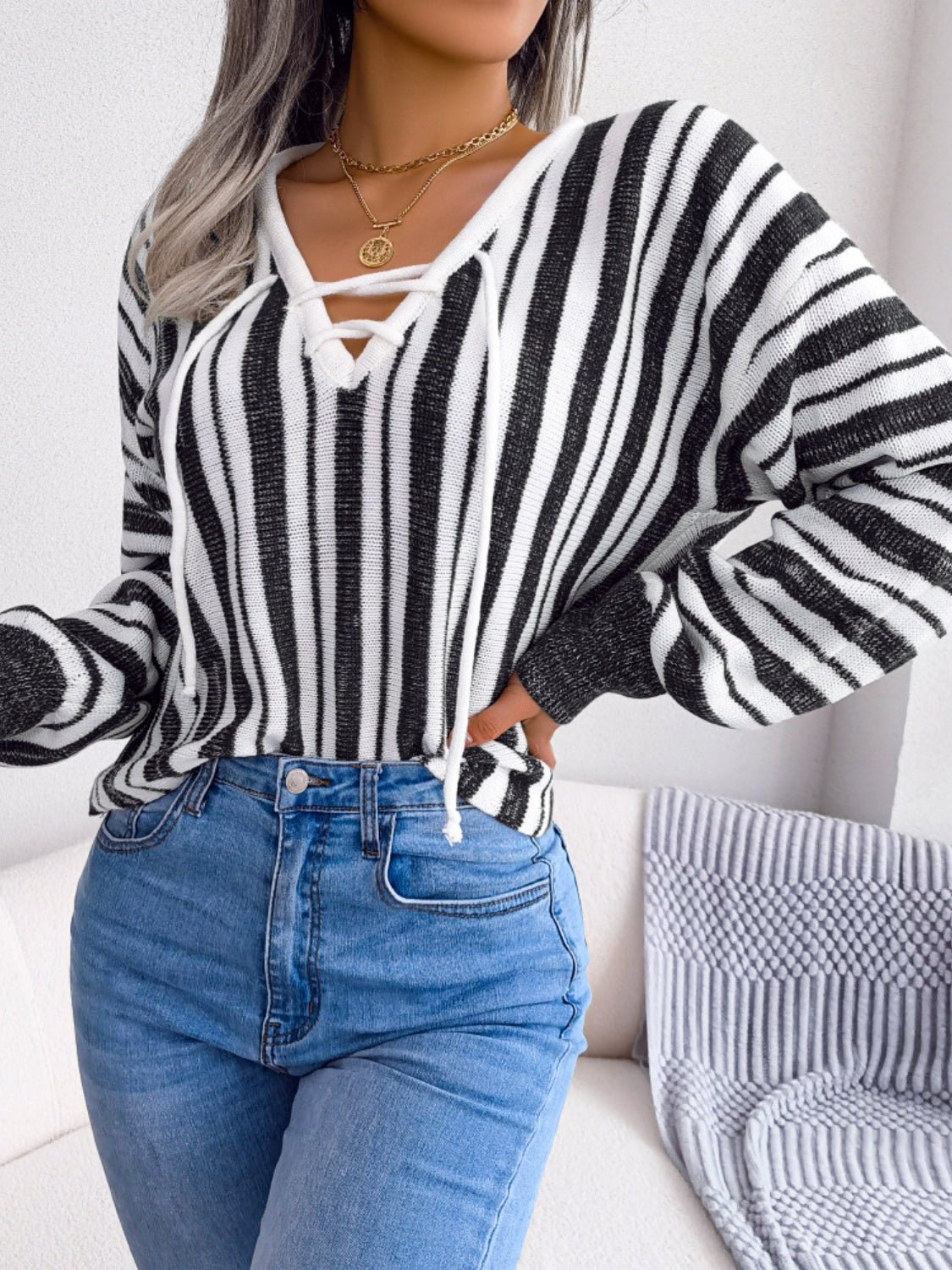 Striped Lace - Up Long Sleeve Sweater - Flip Flop Dynasty