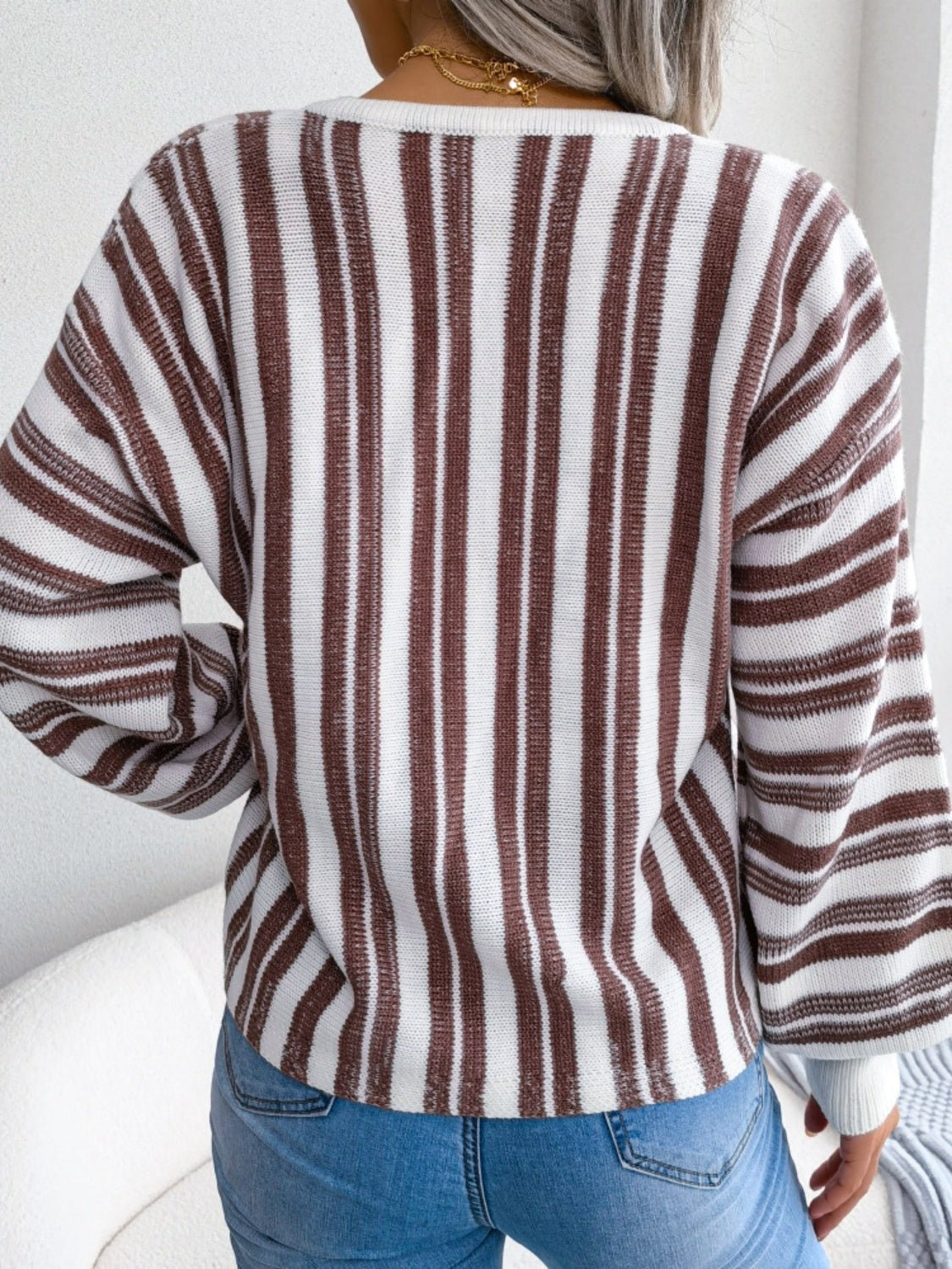Striped Lace - Up Long Sleeve Sweater - Flip Flop Dynasty