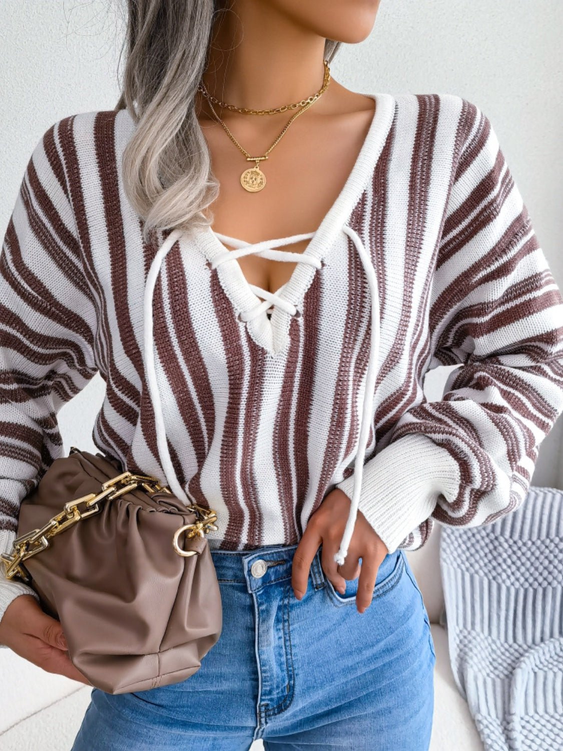 Striped Lace - Up Long Sleeve Sweater - Flip Flop Dynasty