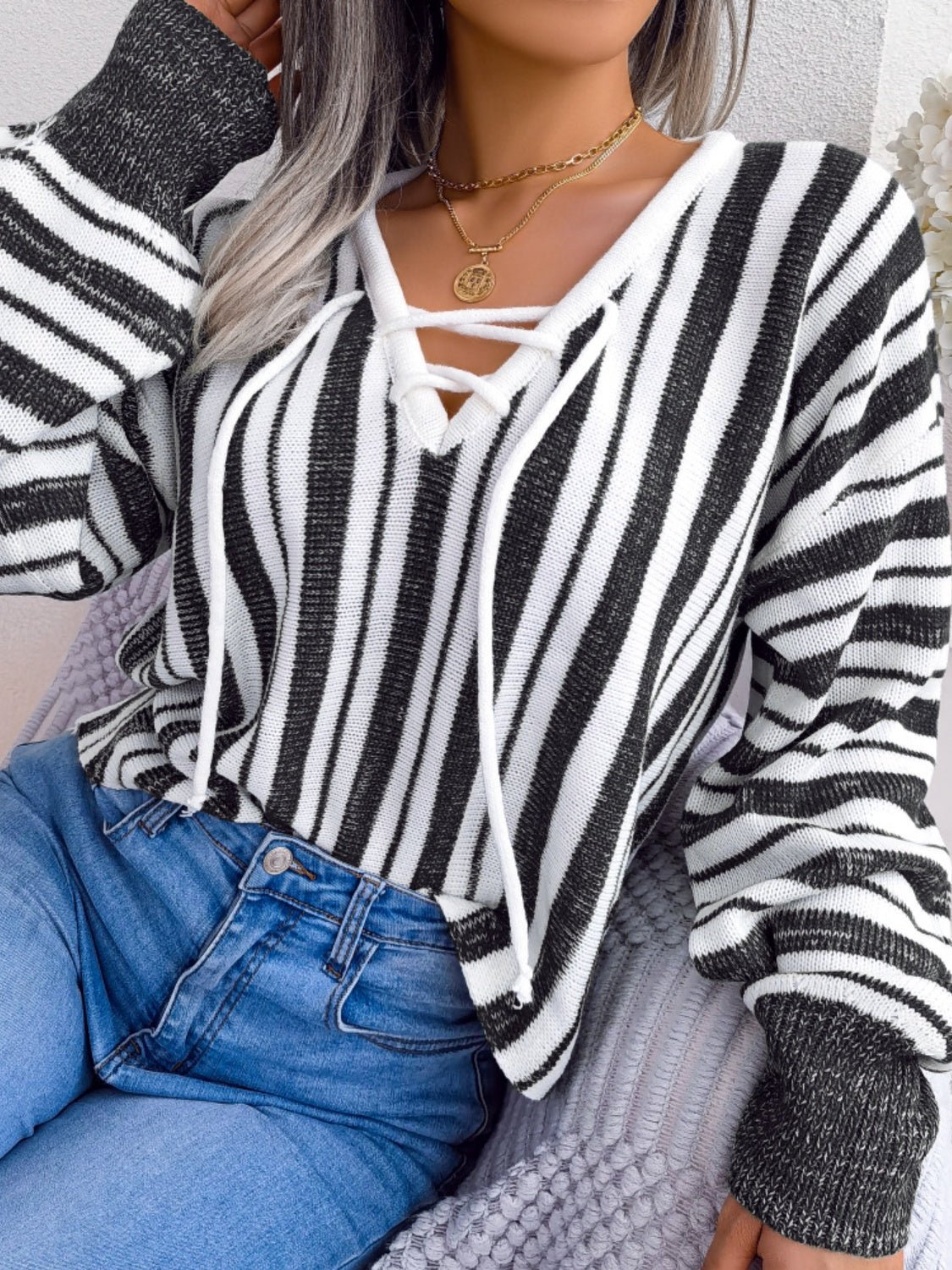 Striped Lace - Up Long Sleeve Sweater - Flip Flop Dynasty