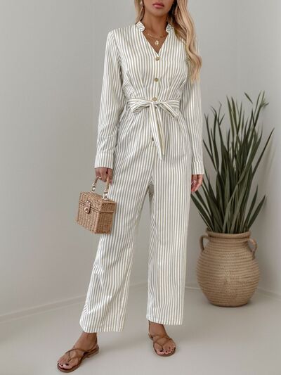 Striped Notched Long Sleeve Tie Waist Jumpsuit - Flip Flop Dynasty