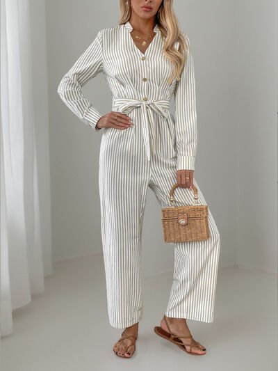 Striped Notched Long Sleeve Tie Waist Jumpsuit - Flip Flop Dynasty