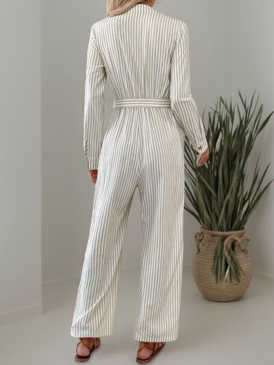 Striped Notched Long Sleeve Tie Waist Jumpsuit - Flip Flop Dynasty