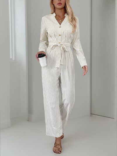 Striped Notched Long Sleeve Tie Waist Jumpsuit - Flip Flop Dynasty