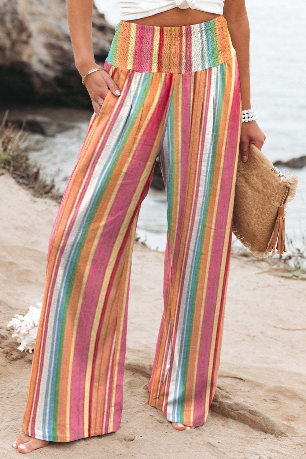 Striped Smocked Waist Pants with Pockets - Flip Flop Dynasty