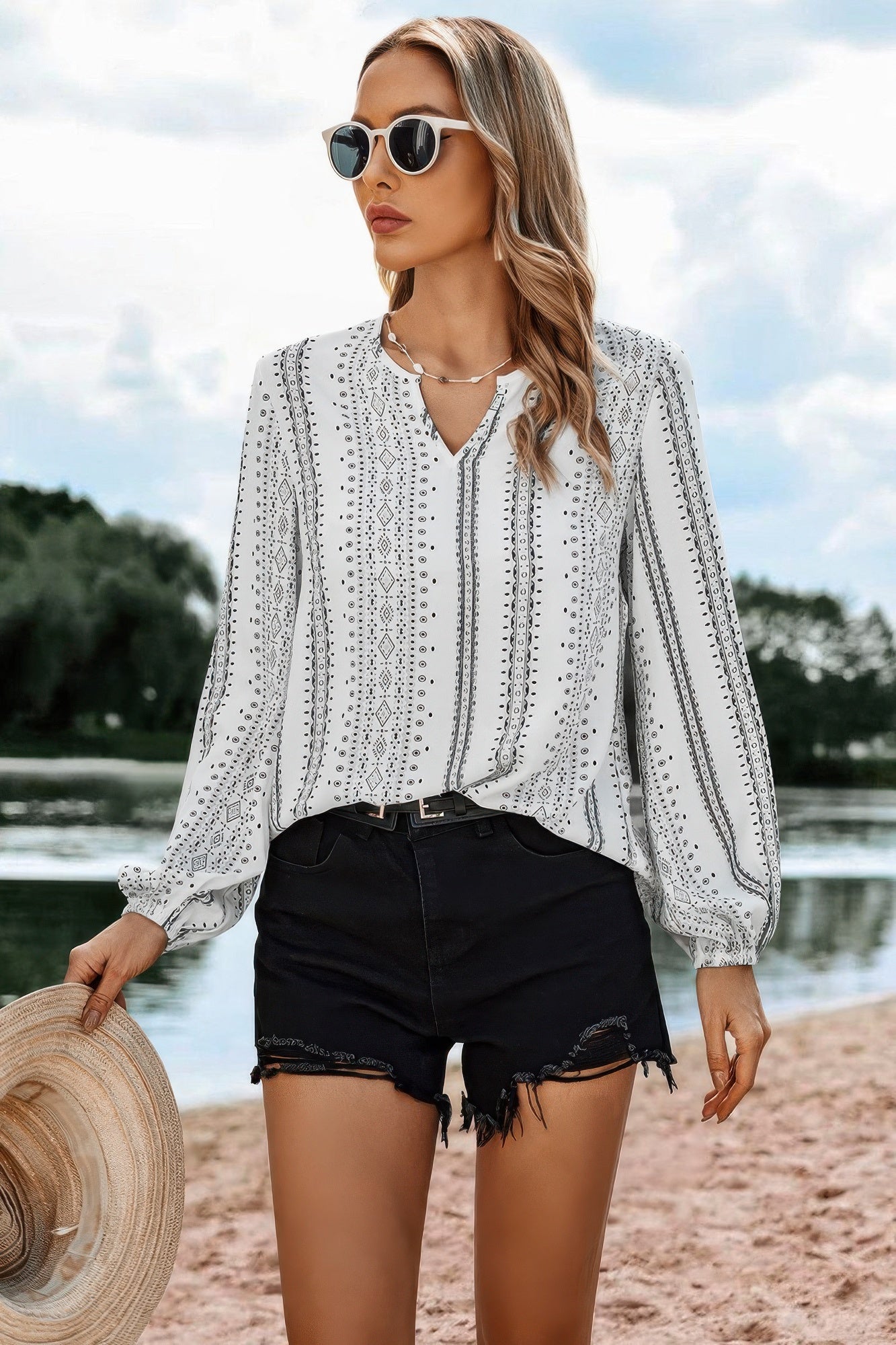 Striped V Neck Vertical Stripe Loose Blouse - Flip Flop Dynasty