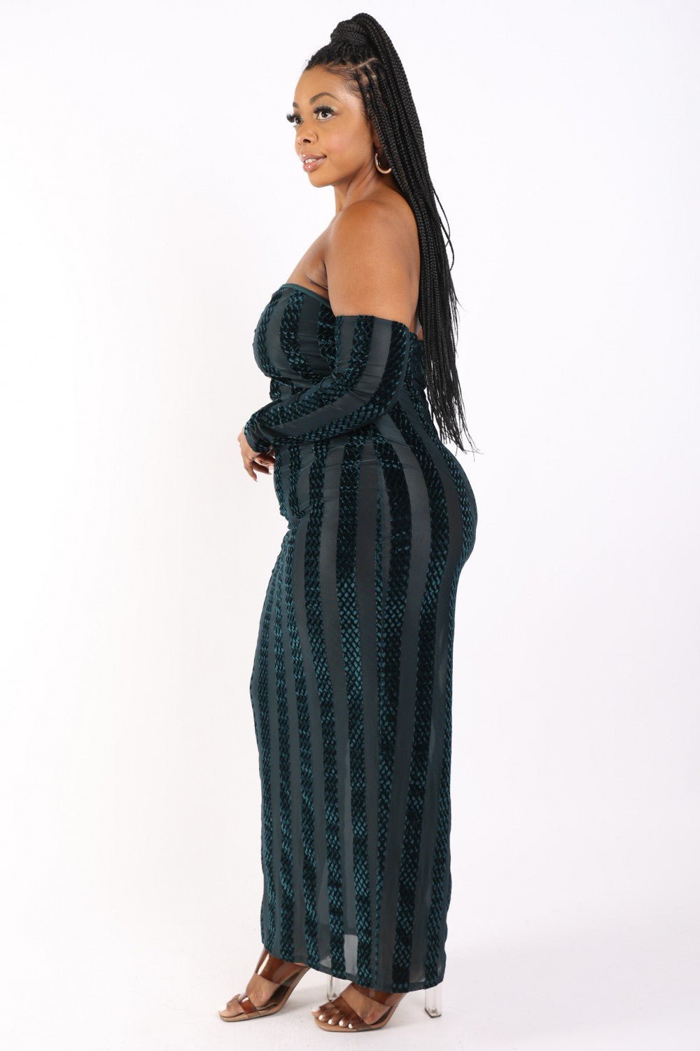 Striped Velvet Off Shoulder Dress - Flip Flop Dynasty