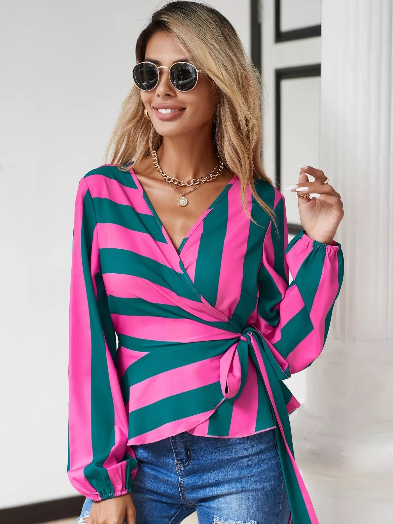 Striped Wrap Blouse with Tie Detail - Flip Flop Dynasty