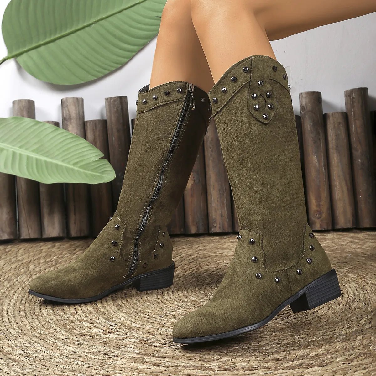 Studded Mid - Calf Boots with Side Zipper Closure - Flip Flop Dynasty