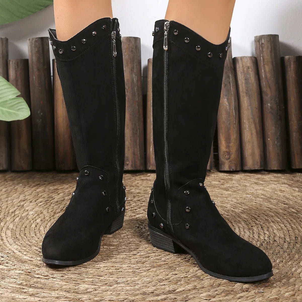 Studded Mid - Calf Boots with Side Zipper Closure - Flip Flop Dynasty