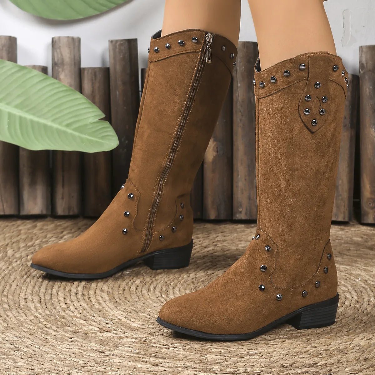 Studded Mid - Calf Boots with Side Zipper Closure - Flip Flop Dynasty