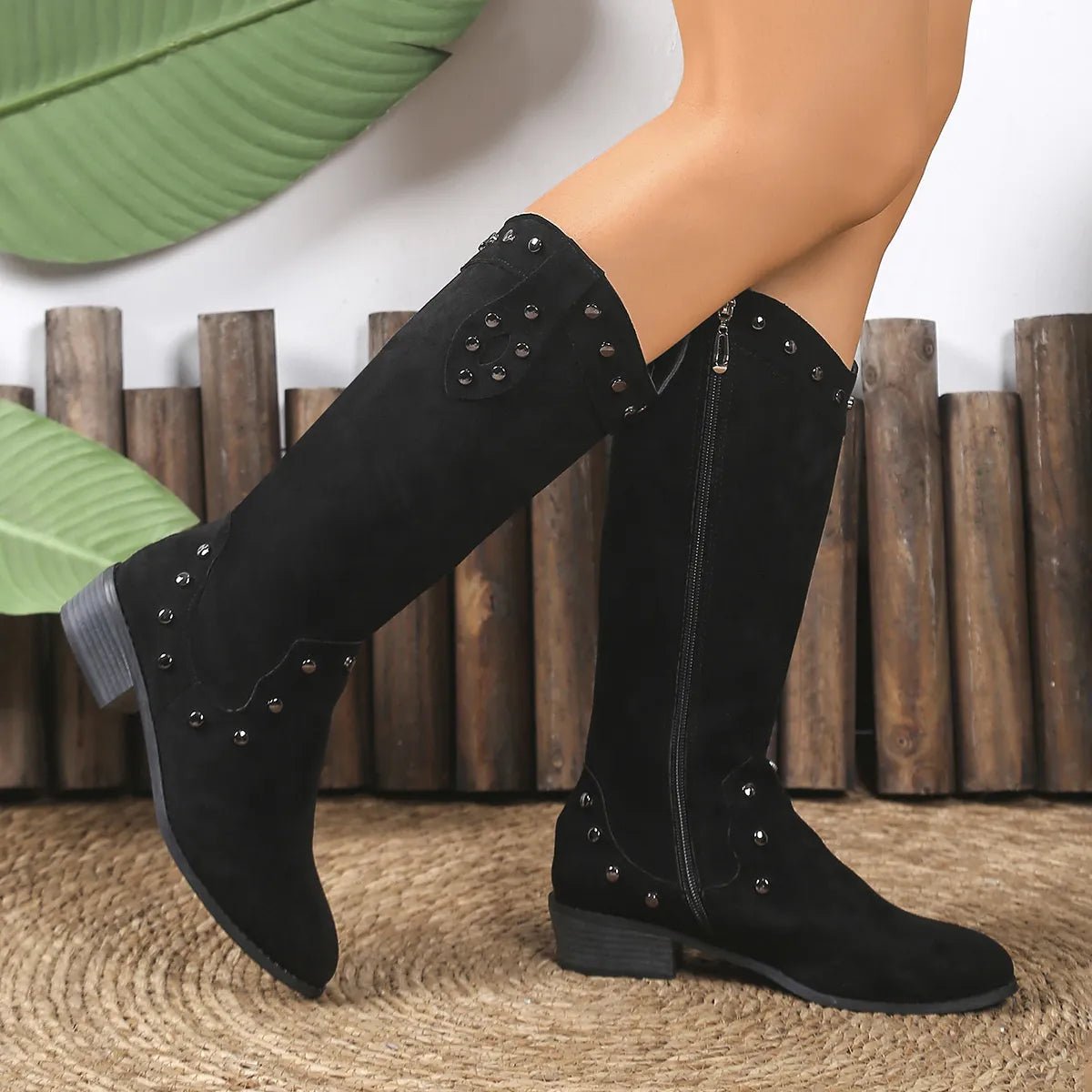 Studded Mid - Calf Boots with Side Zipper Closure - Flip Flop Dynasty