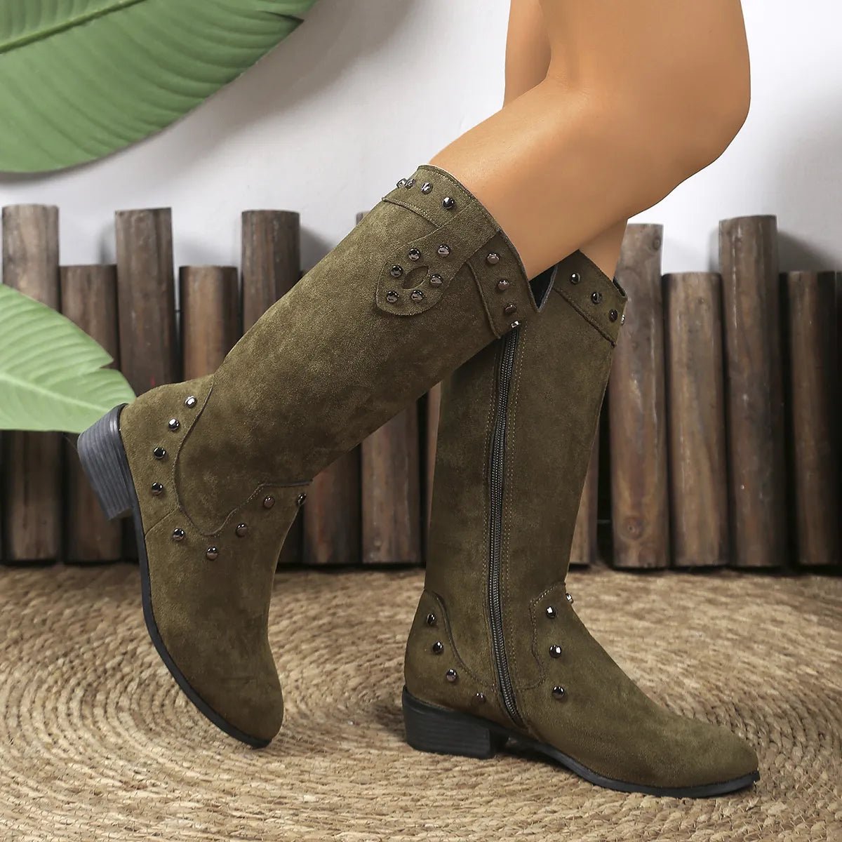 Studded Mid - Calf Boots with Side Zipper Closure - Flip Flop Dynasty