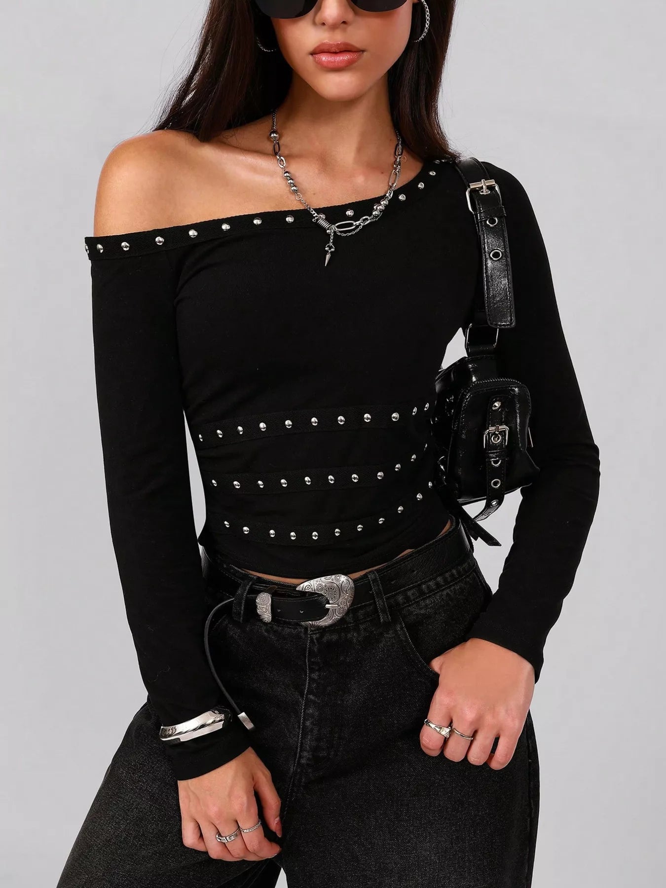 Studded One Shoulder Long Sleeve T-Shirt - Flip Flop Dynasty