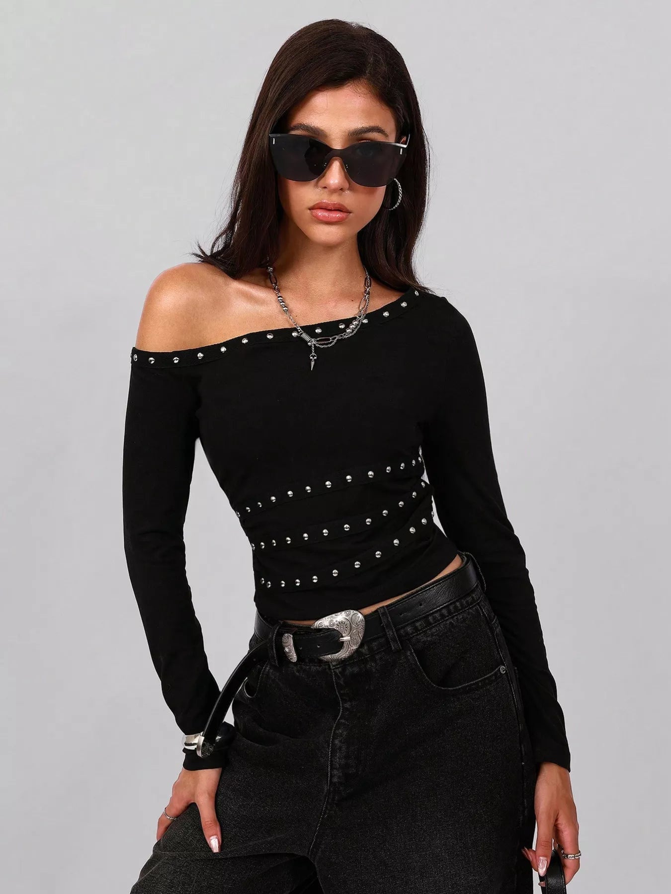 Studded One Shoulder Long Sleeve T-Shirt - Flip Flop Dynasty