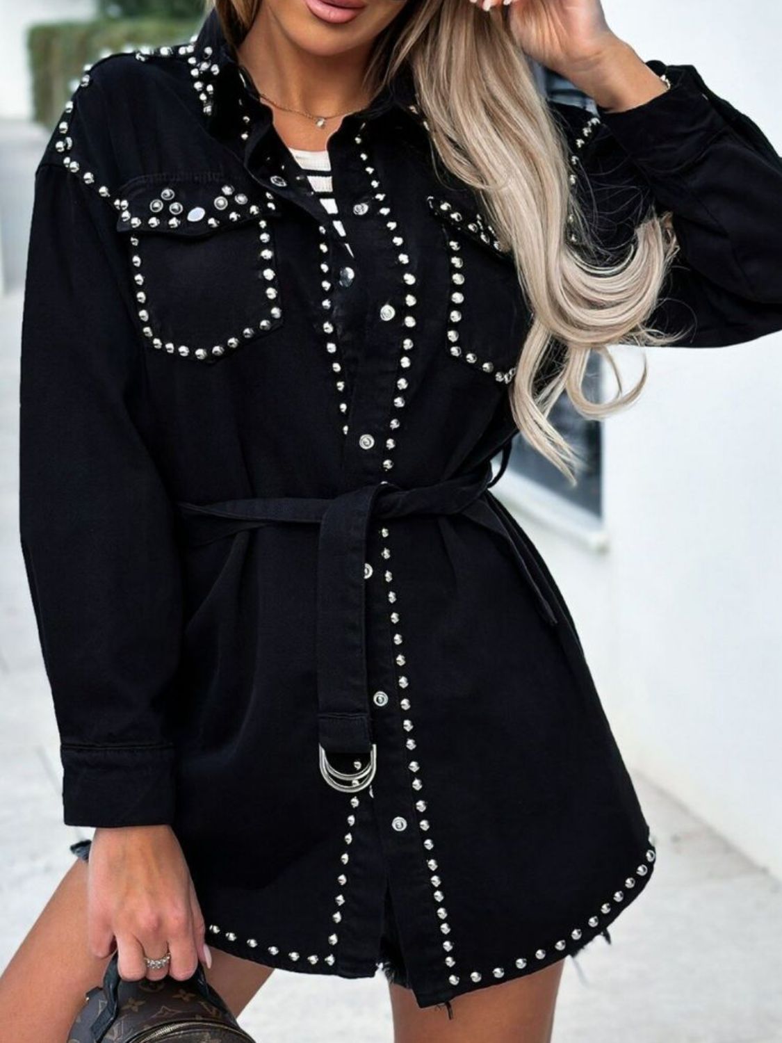 Studded Snap Down Long Sleeve Denim Shacket - Flip Flop Dynasty