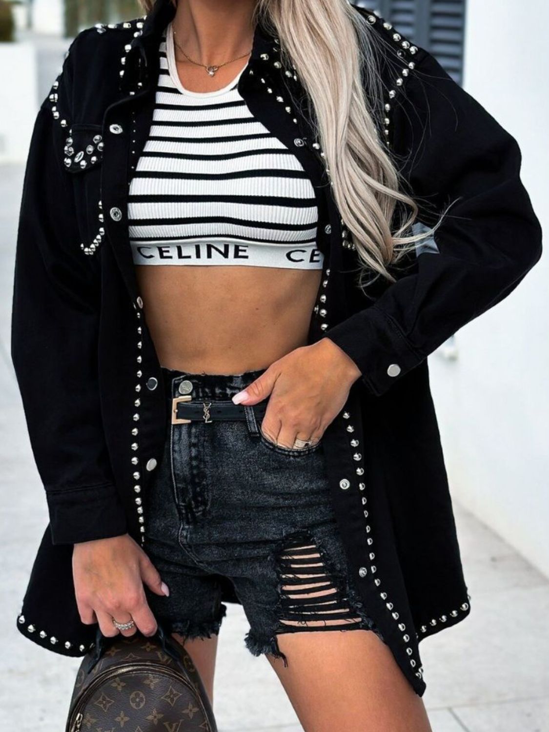 Studded Snap Down Long Sleeve Denim Shacket - Flip Flop Dynasty