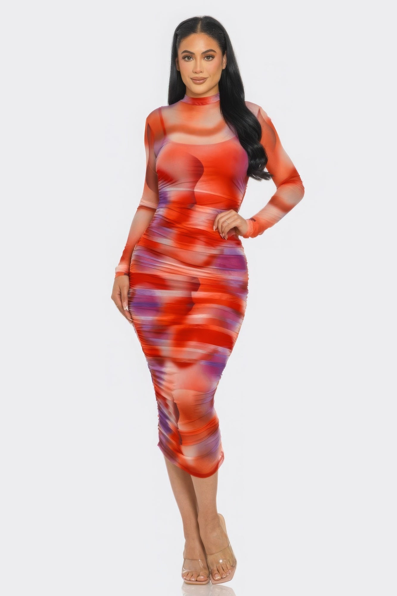 Summer Heat Print Mesh Ruched Midi Dress - Flip Flop Dynasty