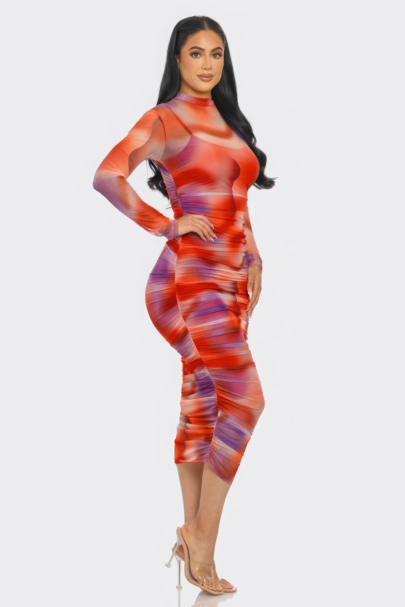 Summer Heat Print Mesh Ruched Midi Dress - Flip Flop Dynasty