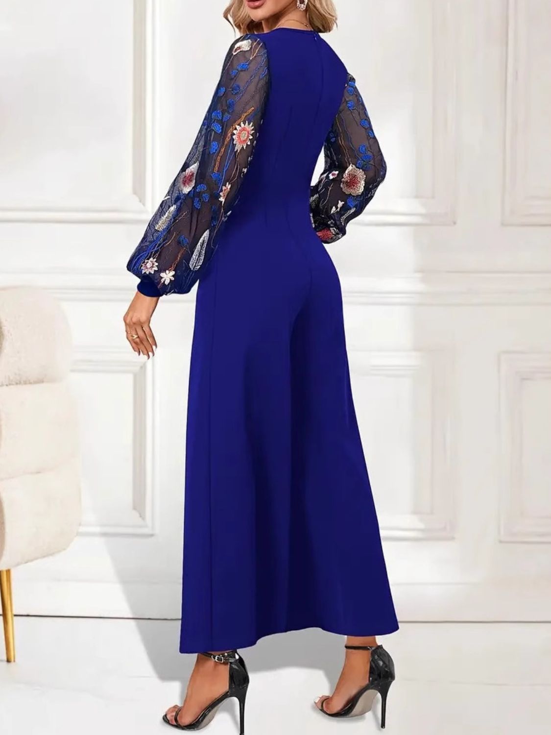 Surplice Embroidered Long Sleeve Wide Leg Jumpsuit - Flip Flop Dynasty