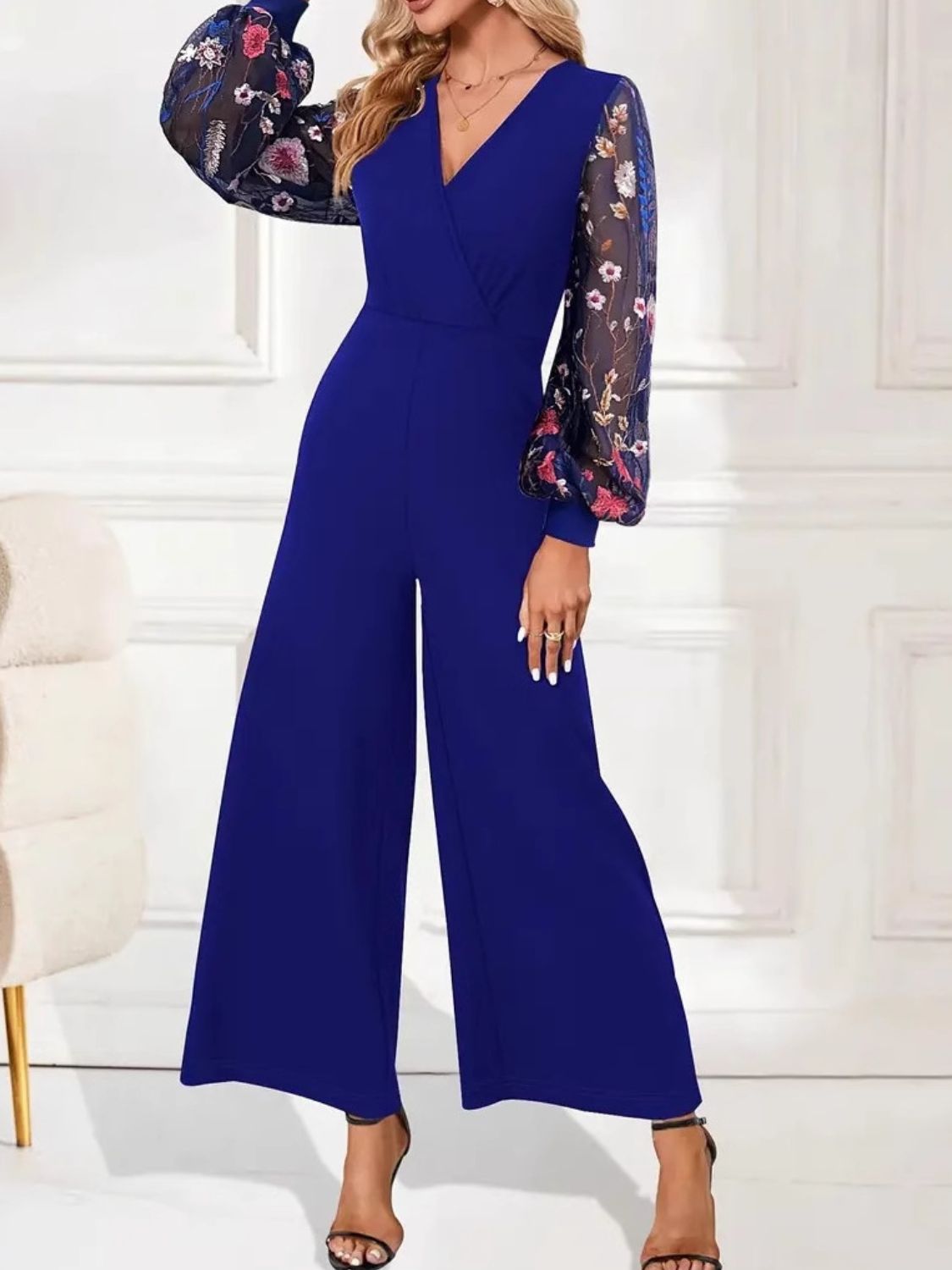 Surplice Embroidered Long Sleeve Wide Leg Jumpsuit - Flip Flop Dynasty