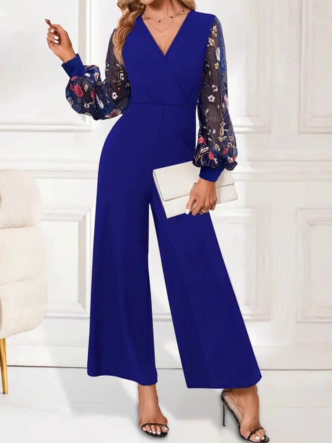 Surplice Embroidered Long Sleeve Wide Leg Jumpsuit - Flip Flop Dynasty