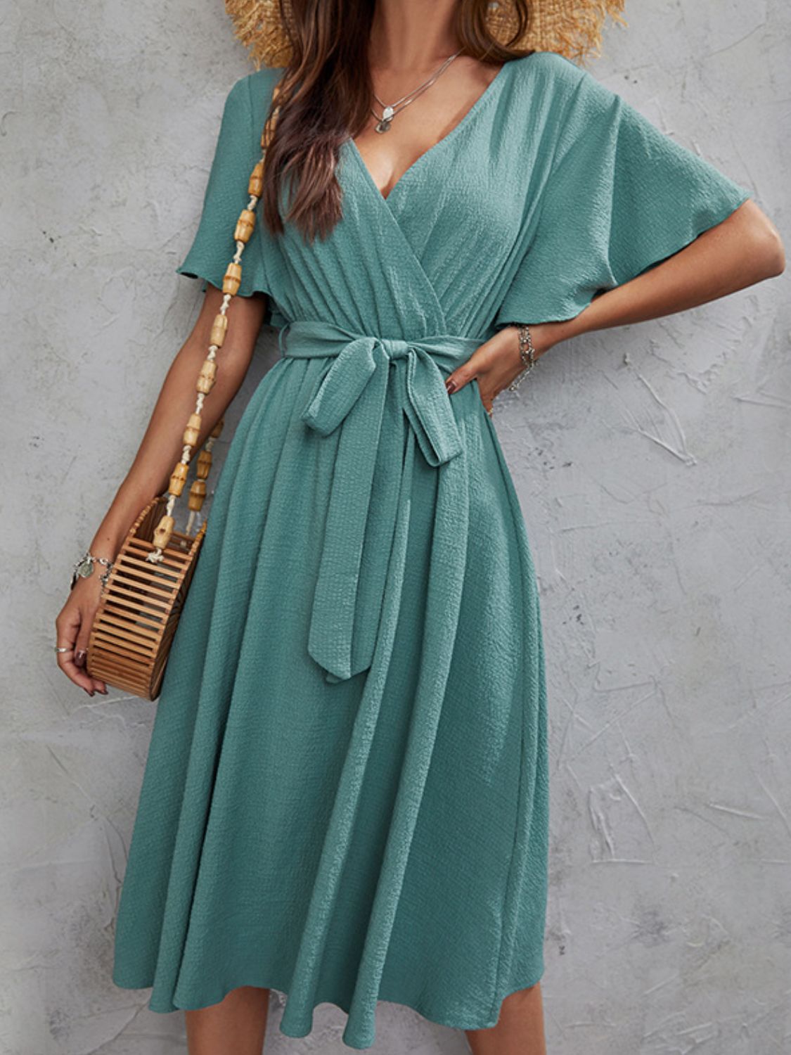 Surplice Flutter Sleeve Midi Dress - Flip Flop Dynasty