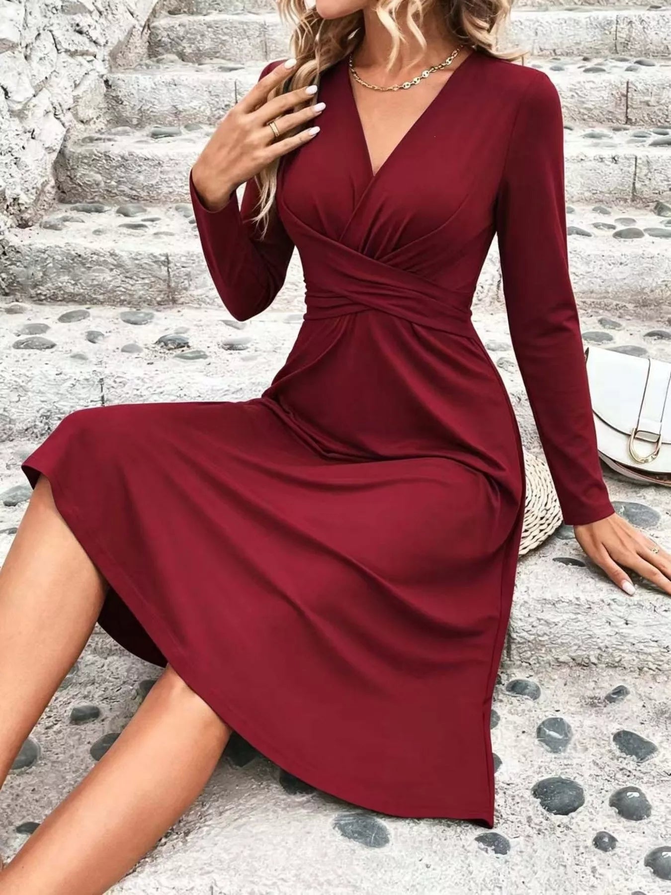 Surplice Long Sleeve Midi Dress - Flip Flop Dynasty
