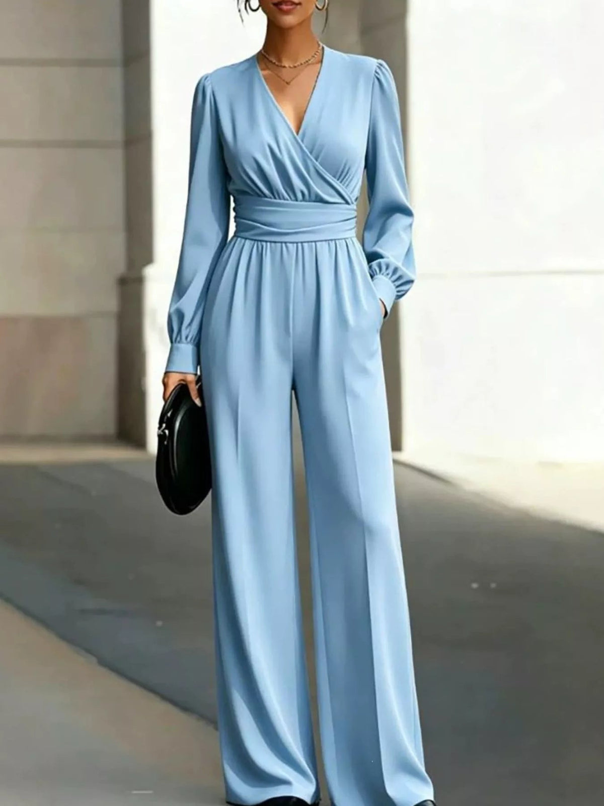 Surplice Long Sleeve Wide-Leg Jumpsuit - Flip Flop Dynasty