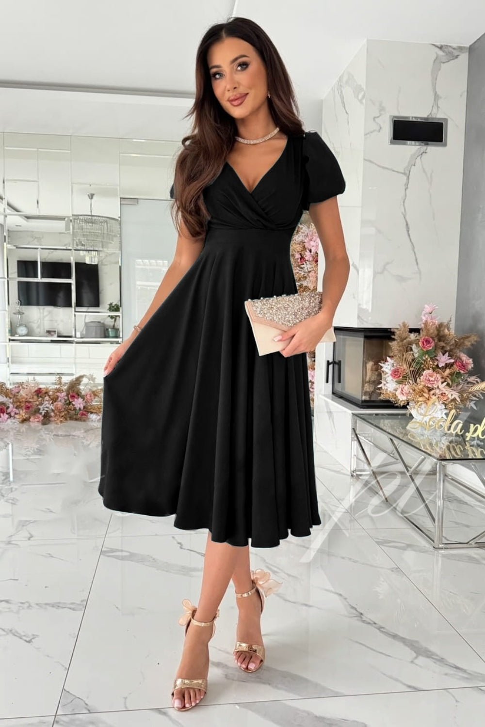 Surplice Puff Sleeve Midi Dress - Flip Flop Dynasty