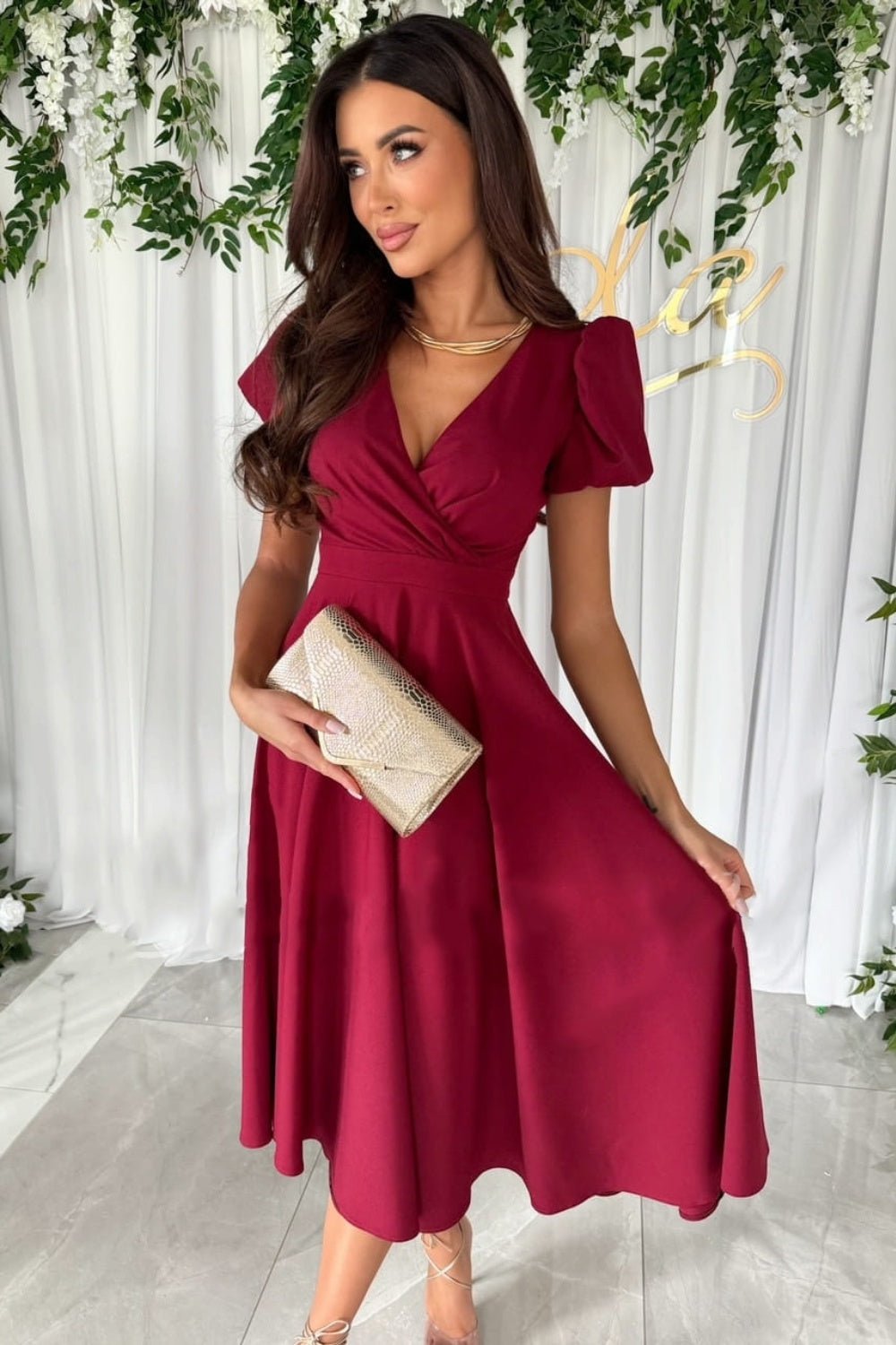 Surplice Puff Sleeve Midi Dress - Flip Flop Dynasty