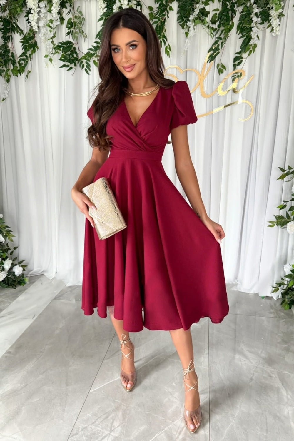 Surplice Puff Sleeve Midi Dress - Flip Flop Dynasty