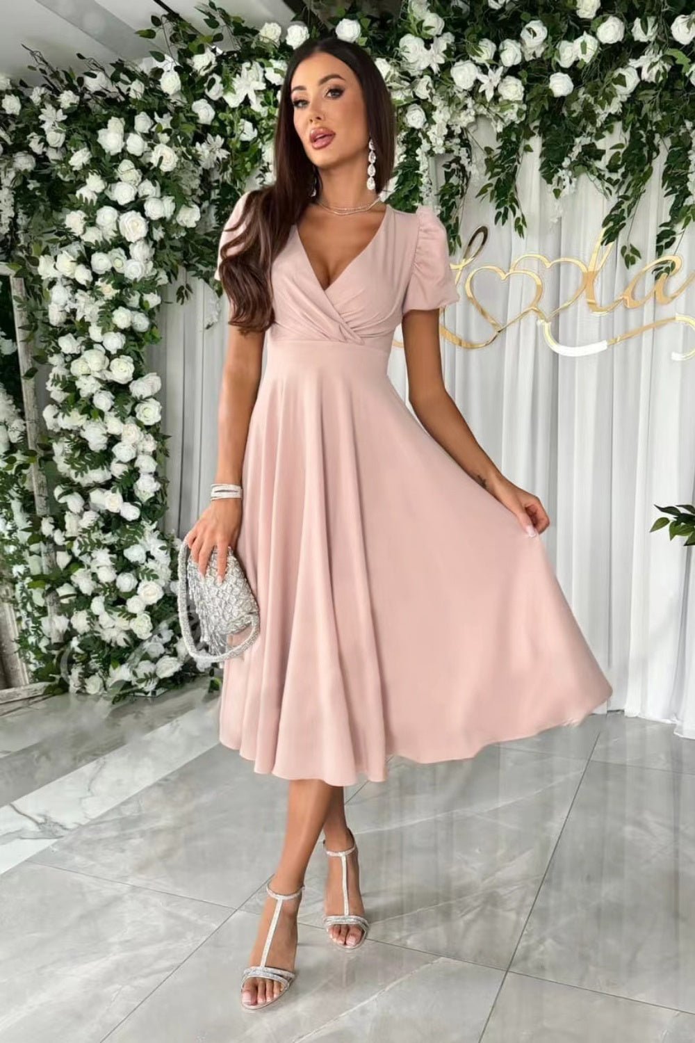 Surplice Puff Sleeve Midi Dress - Flip Flop Dynasty